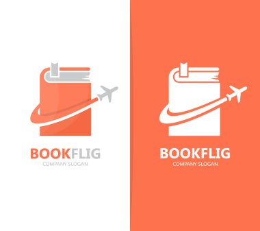 Vektör kitap ve uçak logo birleşimi. Kütüphane ve seyahat etmek simge veya simge. Benzersiz kitapçı ve uçuş logo tasarım şablonu.