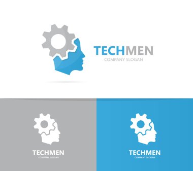 Vektör adam ve dişli logo birleşimi. Yüz ve mekanik simge veya simge. Benzersiz fabrika ve endüstriyel logo tasarım şablonu.