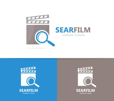 Vektör Klaket ve Büyüteç logo birleşimi. Sinema ve Büyüteç simgesi veya simge. Benzersiz video ve arama logo tasarım şablonu.