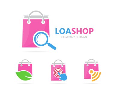 Vektör dükkanı ve Büyüteç logo birleşimi. Satış ve Büyüteç simgesi veya simge. Benzersiz çanta ve arama logo tasarım şablonu.