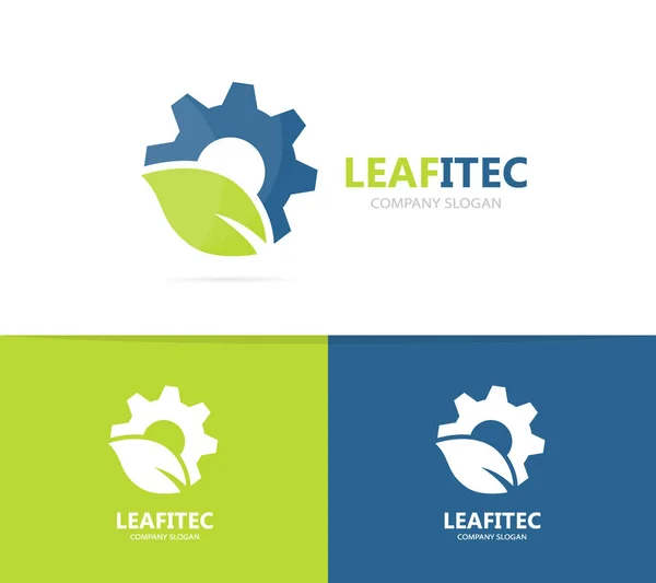 Vector de combinación de engranajes y logotipo de hoja. Mecánico y eco símbolo o icono. Plantilla de diseño de logotipo industrial y fábrica orgánica única . — Vector de stock