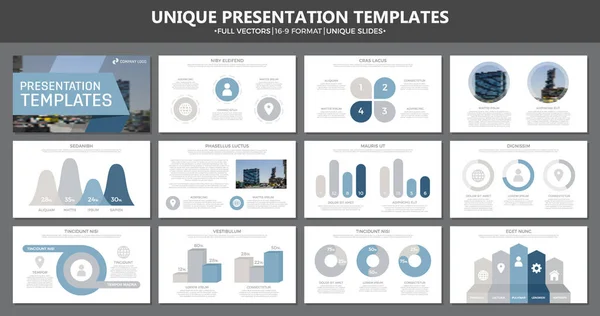 Set of blue and gray elements for multipurpose presentation template slides with graphs and charts. Leaflet, corporate report, marketing, advertising, annual report, book cover design. — Stock Vector