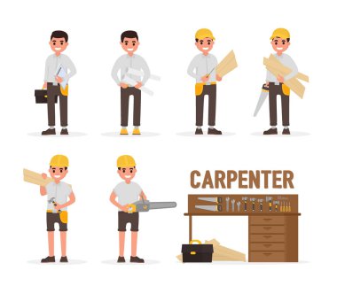 Marangoz, marangoz, foreman, mühendis ve woodworker öğeleri koleksiyonu çeşitli insanlar eylemleri ile. düz stil çizimde