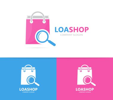 Dükkanı ve Büyüteç logo bileşimi. Satış ve Büyüteç simgesi veya simge. Benzersiz çanta ve arama logo tasarım şablonu.