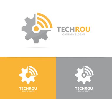 dişli ve wifi logo bileşimi. Mekanik ve sinyal simge veya simge. Benzersiz sanayi ve radyo, internet logo tasarım şablonu.
