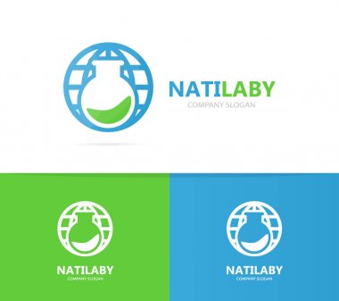 şişesi ve gezegeni logo bileşimi. Laboratuvar ve dünya sembolü veya simge. Benzersiz şişe ve küre logo tasarım şablonu.
