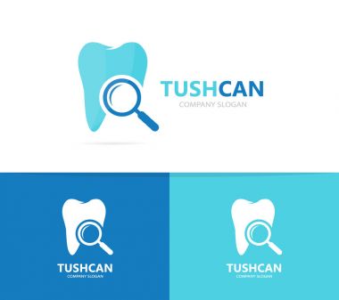 diş ve Büyüteç logo bileşimi. Diş ve Büyüteç simgesi veya simge. Benzersiz Kliniği ve arama logo tasarım şablonu.