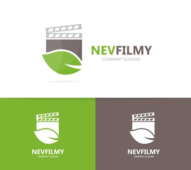 Klaket ve yaprak logo bileşimi. Sinema ve eko simge veya simge. Eşsiz organik ve video logo tasarım şablonu.