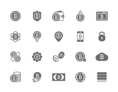 Vektör bitcoin simge veya simge kümesi. Yatırımlar, ödemeler ve döviz, internet bankacılığı, cüzdan, para, demet bir sikke ve daha fazlasını ver. En az piktogram tasarım, herhangi için düzenlenebilir kontur
