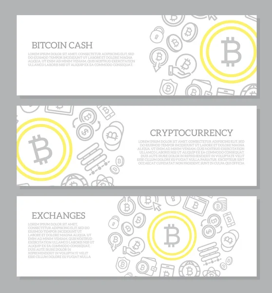Set aus drei horizontalen Bannern für digitales Geld und Bitcoin mit nahtlosem Symbolmuster. Vektorillustration — Stockvektor