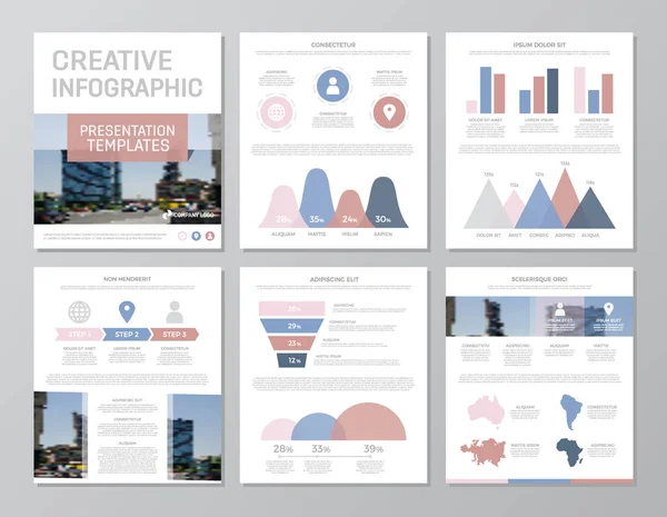 Conjunto de elementos rojos, azules y rosados para diapositivas de plantillas de presentación a4 polivalentes con gráficos y gráficos. Folleto, informe corporativo, marketing, publicidad, informe anual, diseño de portada de libro . — Vector de stock