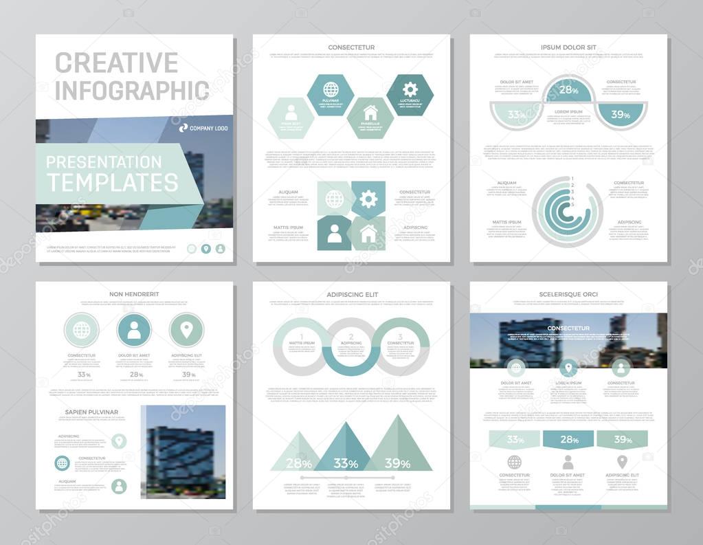 Set of turquoise elements for multipurpose a4 presentation template slides with graphs and charts. Leaflet, corporate report, marketing, advertising, annual report, book cover design.