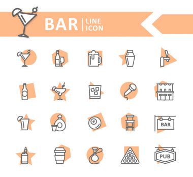Vektör alkol ve bar, gece kulübü çizgi simgeler kümesi. Kokteyl, şarap, bira, Kupası, tekila, konyak, viski, shaker, viski, karaoke, vape, atış, dokunma, Bilardo, nargile ve daha fazlası. Düzenlenebilir kontur.