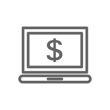 Vektör laptop ve Doları satır simge birleşimi. Vektör çizim tasarım sembolü ve işareti. Düzenlenebilir inme. Beyaz arka plan üzerinde izole