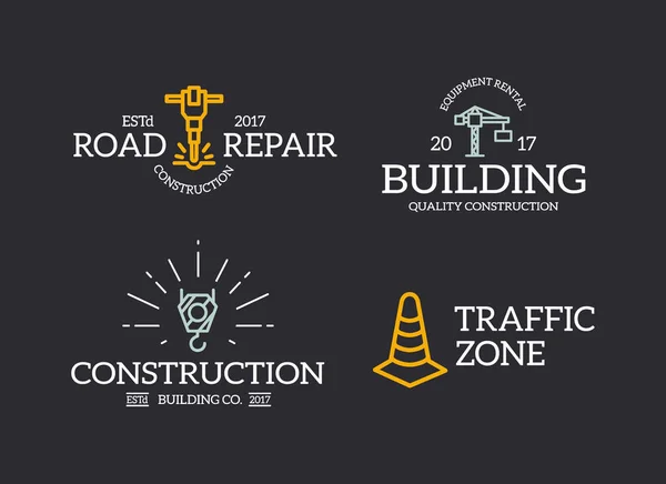 Set of retro vintage construction, traffic cone, crane hook, jackhammer logo or insignia, emblems, labels and badges and other branding objects. Vector line style — Stock Vector