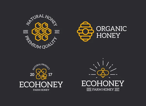 Set of retro vintage honey and bee, honeycomb, hive logo or insignia, emblems, labels and badges and other branding objects. Vector line style — Stock Vector