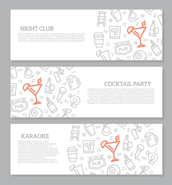Conjunto de tres banners horizontales de discoteca digital y bar de cócteles con patrón de icono. Ilustración vectorial — Vector de stock