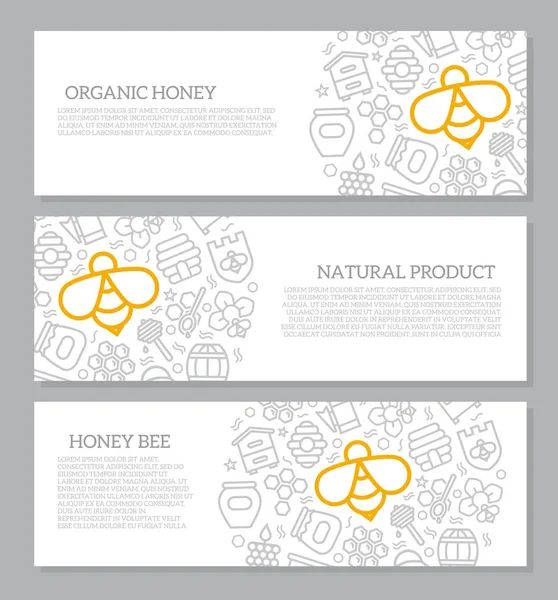 Sada tří digitálních med a včelí horizontální bannery s ikonu vzorem. Vektorové ilustrace — Stockový vektor