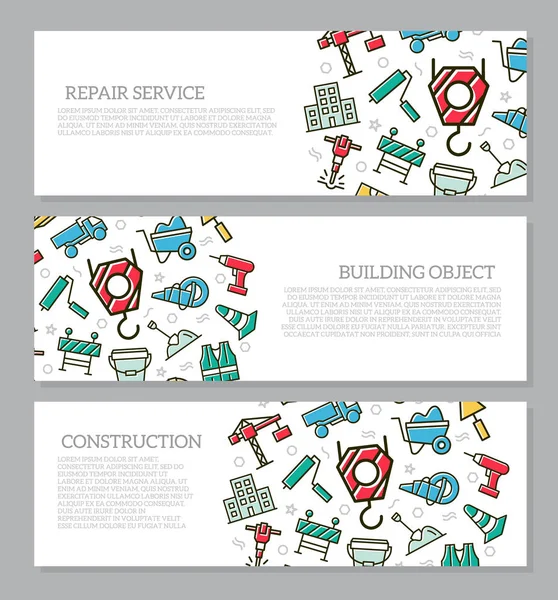 Conjunto de tres banners horizontales de construcción digital con patrón de icono. Ilustración vectorial — Vector de stock