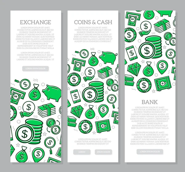 Set aus drei digitalen Geld- und Banner-Banner mit Symbolmuster. Vektorillustration — Stockvektor