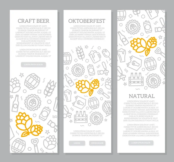 Conjunto de tres pancartas verticales de cerveza digital, pub y bar con patrón de icono. Ilustración vectorial — Vector de stock