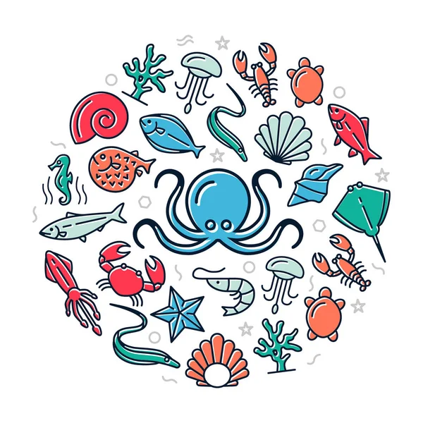 Vektor Meeresfrüchte farbige Symbole in Kreis-Design-Konzept. Illustration für Präsentationen auf weißem Hintergrund — Stockvektor