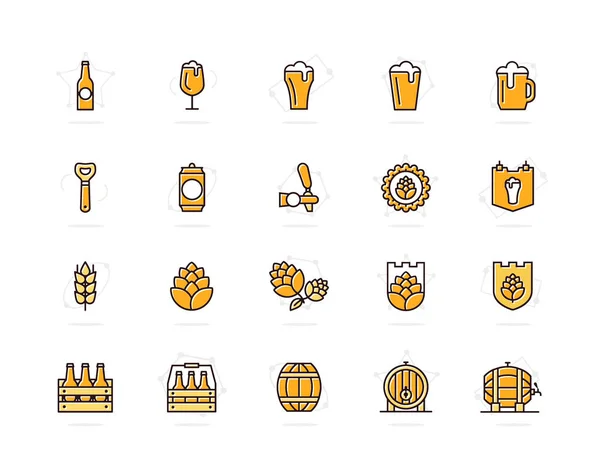 Set de cerveza vectorial y bar, iconos de línea de color pub. Alcohol, botella, taza, cebada, lúpulo, barril, cerveza, espuma, barril, vaso de precipitados, tarro y más. Carrera Editable . — Vector de stock