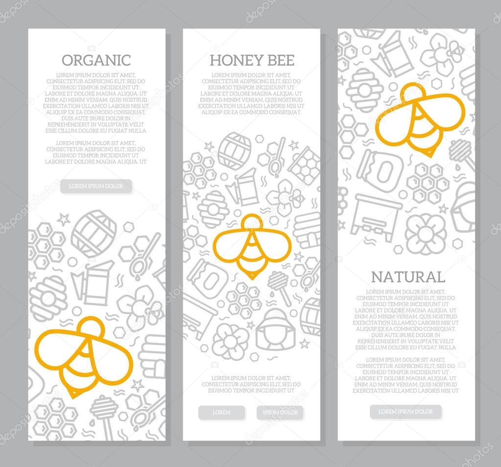 Set of three digital honey and bee vertical banners with icon pattern. Vector illustration