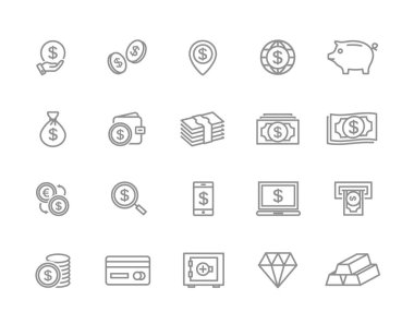 Vektör banka ve para hattı simgeler kümesi. Bozuk para, para, kart, kredi, atm, diamont, cüzdan, altın, mevduat, çanta, domuzcuk, elmas, Doları, çanta ve daha fazla. Düzenlenebilir kontur.