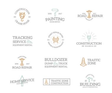 Retro vintage inşaat logo veya amblem, amblem, etiketleri ve rozetleri ve marka diğer nesneleri kümesi. Vektör çizgi stili