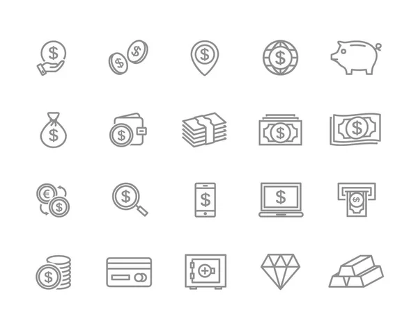Vektor-Bank- und Geldleitungssymbole. Münze, Bargeld, Karte, Kredit, Geldautomat, Diamant, Geldbörse, Gold, Kaution, Geldbörse, Sparschwein, Diamant, Dollar, Tasche und vieles mehr. editierbarer Schlaganfall. — Stockvektor