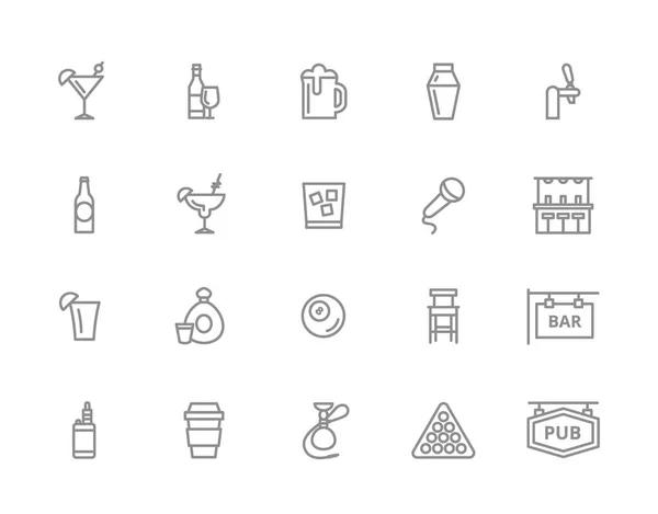 Conjunto de vectores de alcohol y bar, club nocturno iconos de línea. Cóctel, vino, cerveza, taza, tequila, coñac, whisky, coctelera, whisky, karaoke, vape, shot, tap, billar, hookah y más. Carrera Editable . — Vector de stock