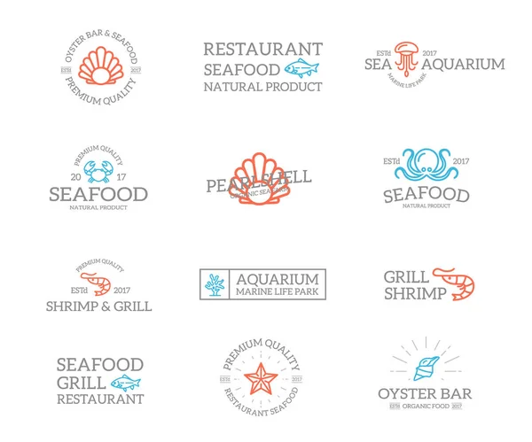 Ensemble de logo ou d'insignes vintage rétro pour poissons et fruits de mer, emblèmes, étiquettes et badges et autres objets de marque. Style de ligne vectorielle — Image vectorielle