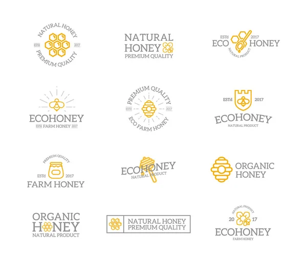 Set of retro vintage honey and bee logo or insignia, emblems, labels and badges and other branding objects. Vector line style — Stock Vector