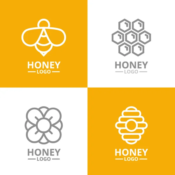 Conjunto de mel e abelha vintage retro, flor, favo de mel, logotipo da colmeia ou insígnias, emblemas, rótulos e crachá. Estilo de linha vetorial —  Vetores de Stock