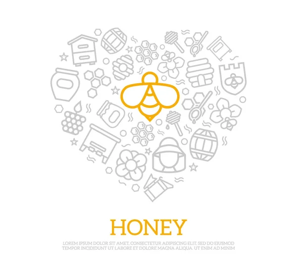 Iconos de línea delgada de miel vectorial en concepto de diseño de forma de corazón. Ilustración para presentaciones sobre fondo blanco — Vector de stock
