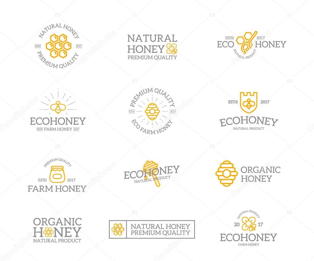 Set of retro vintage honey and bee logo or insignia, emblems, labels and badges and other branding objects. Vector line style