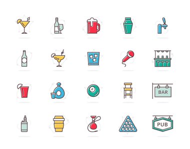Vektör alkol ve bar, gece kulübü çizgi simgeler renkte ayarlayın. Kokteyl, şarap, bira, Kupası, tekila, konyak, viski, shaker, viski, karaoke, vape, atış, dokunma, Bilardo, nargile ve daha fazlası. Düzenlenebilir kontur.