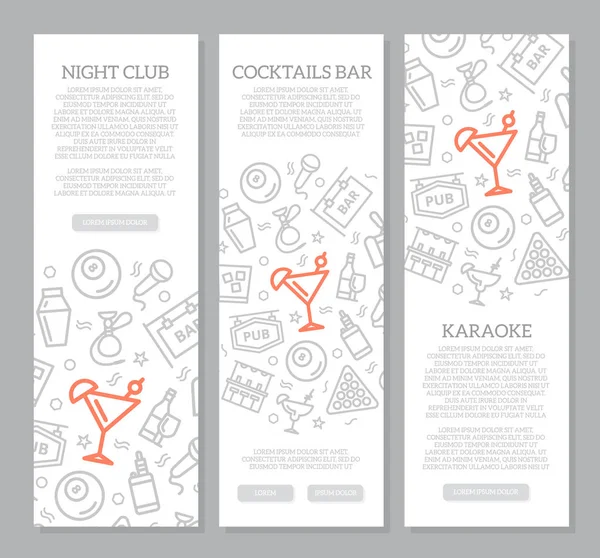 Set of three digital night club and cocktail bar vertical banners with icon pattern. Vector illustration — Stock Vector