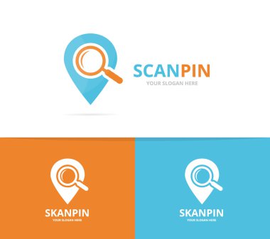 Vektör harita işaretçi ve Büyüteç logo kombinasyonu. GPS Konum Belirleyicisi ve büyütme simge veya simge. Benzersiz pin ve arama logo tasarım şablonu.