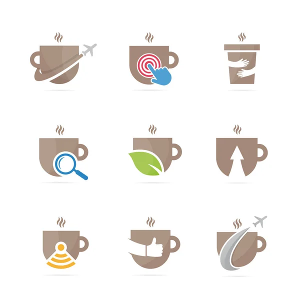 Kahve logo birlikte kümesi. İçki ve çay simge veya simge. Benzersiz organik Kupası ve kupa logo tasarım şablonu. — Stok Vektör