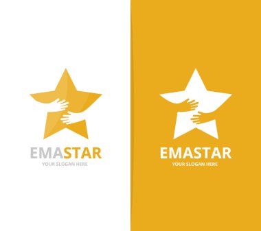 Vektör yıldız ve eller logo bileşimi. Lider ve kucaklama simge veya simge. Benzersiz takım ve dostluk logo tasarım şablonu.