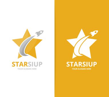 Vektör yıldız ve roket logo bileşimi. Lider ve uçak simge veya simge. Benzersiz uçuş ve takım logo tasarım şablonu.
