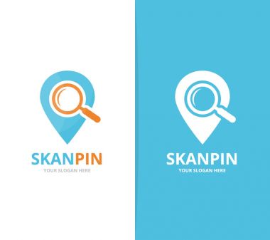 Vektör harita işaretçi ve Büyüteç logo kombinasyonu. GPS Konum Belirleyicisi ve büyütme simge veya simge. Benzersiz pin ve arama logo tasarım şablonu.