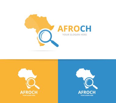 Vektör Afrika ve Büyüteç logo bileşimi. Safari ve simge veya simge büyütme. Benzersiz coğrafya, kıta ve arama logo tasarım şablonu.