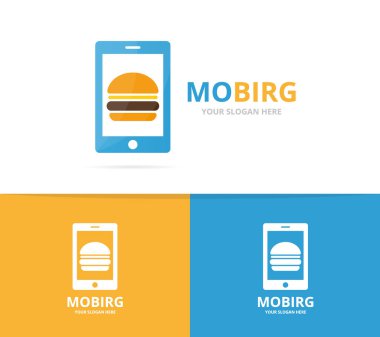 Vektör burger ve telefon logo bileşimi. Hamburger ve mobil simge veya simge. Benzersiz fastfood ve aygıt logo tasarım şablonu.