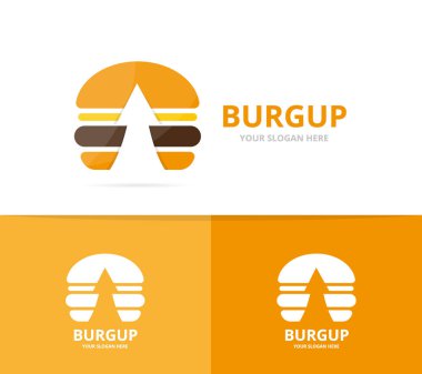 Vektör burger ve logo birlikte yukarı ok. Hamburger ve büyüme simge veya simge. Benzersiz fastfood ve upload logo tasarım şablonu.