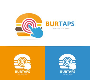 Burger vektör ve logo bileşimini tıklatın. Hamburger ve imleç simge veya simge. Benzersiz çerez, fastfood ve dijital logo tasarım şablonu.