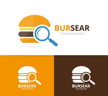 Vektör burger ve Büyüteç logo bileşimi. Hamburger ve simge veya simge büyütme. Benzersiz çerez, fastfood ve arama logo tasarım şablonu.