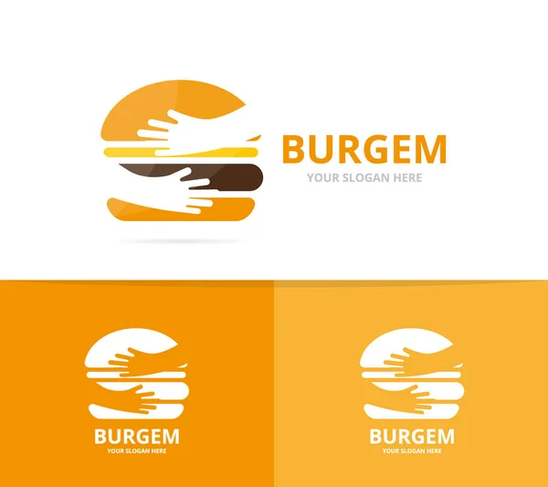 Vector hamburger en handen logo-combinatie. Hamburger en omhelzing symbool of pictogram. Unieke Fast-Food en team, vriendschap logo ontwerpsjabloon. — Stockvector